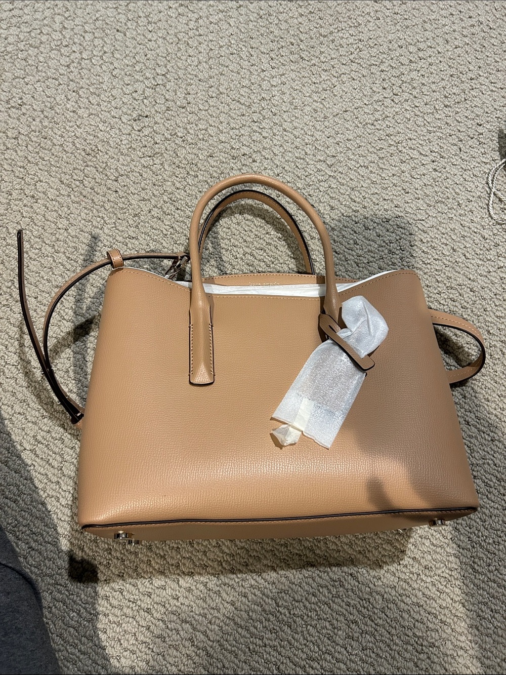 Kate Spade Structured Tan Leather Satchel Tote with Ribbon Detail